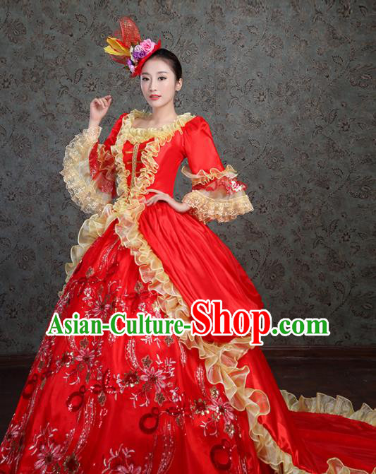 Custom Catwalks Red Satin Trailing Full Dress European Medieval Vintage Dress Western Stage Opera Fashion Europe Noble Lady Clothing