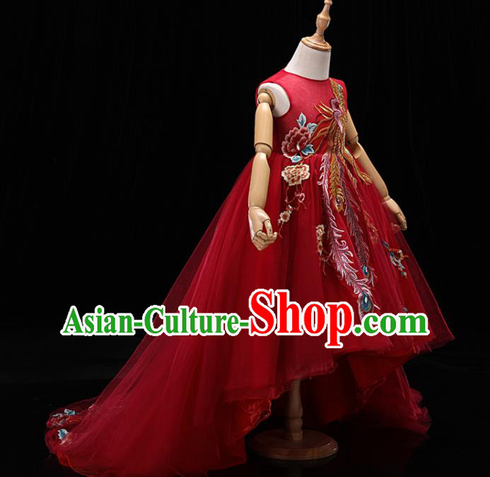 Chinese Style Red Veil Dress Girl Stage Performance Embroidered Phoenix Clothing Children Dance Costume