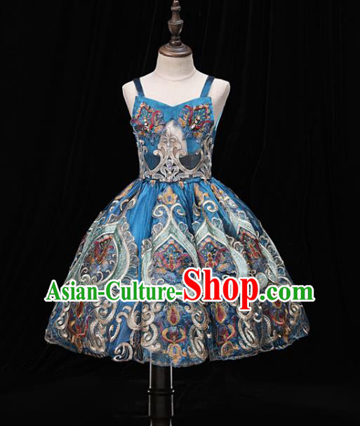 Top Children Stage Show Formal Clothing Girl Catwalks Baroque Blue Evening Dress Christmas Princess Fashion Garment