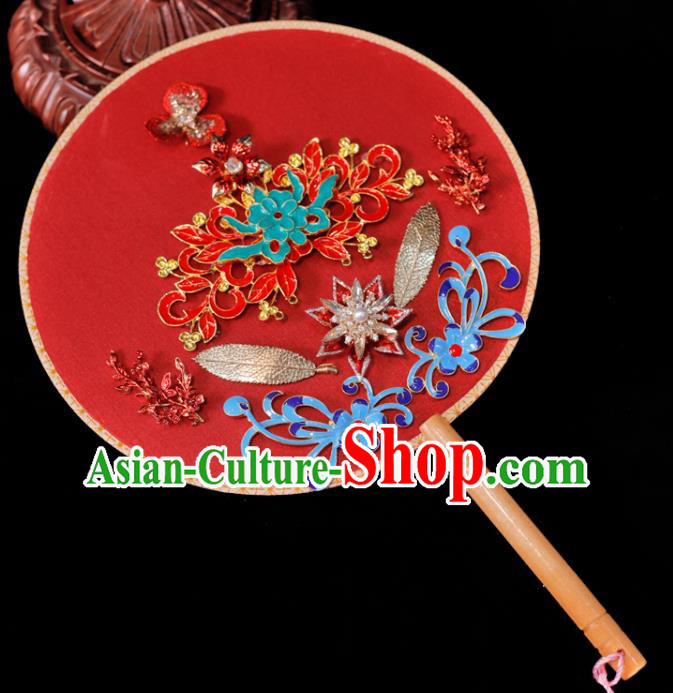 Handmade China Classical Dance Palace Fan Wedding Fan Ancient Bride Circular Fan Traditional Red Silk Fan