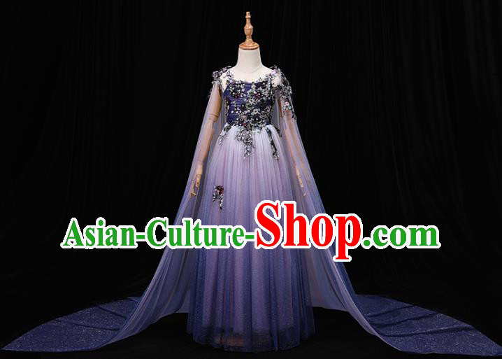 Top Christmas Princess Fashion Garment Children Stage Show Formal Clothing Girl Catwalks Purple Cape Evening Dress