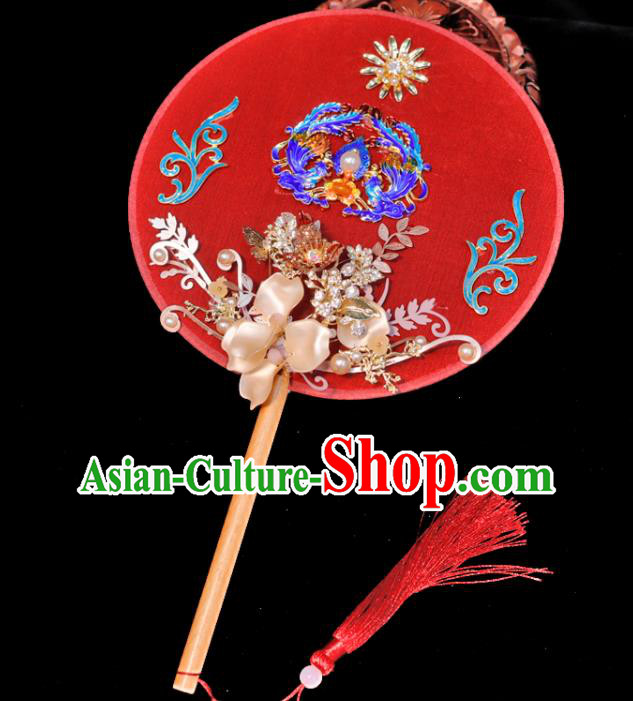 Handmade China Classical Dance Red Palace Fan Wedding Cloisonne Phoenix Fan Ancient Bride Circular Fan Traditional Silk Fan