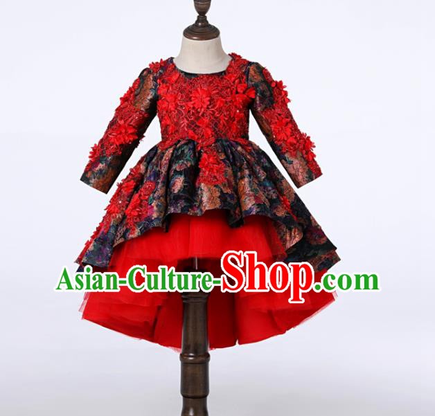 Top Girl Catwalks Red Lace Flowers Bubble Evening Dress Christmas Princess Dance Fashion Garment Children Stage Show Formal Clothing