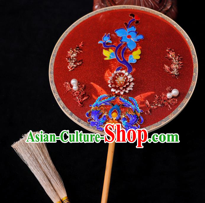 Handmade China Ancient Bride Cloisonne Phoenix Fan Traditional Red Silk Fan Classical Dance Palace Fan Wedding Circular Fan