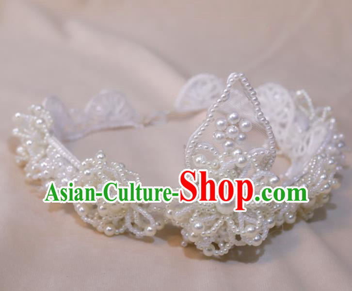 Top Grade Bride Pearls Headpiece Lace Royal Crown Princess Hair Accessories Handmade Wedding Hair Clasp
