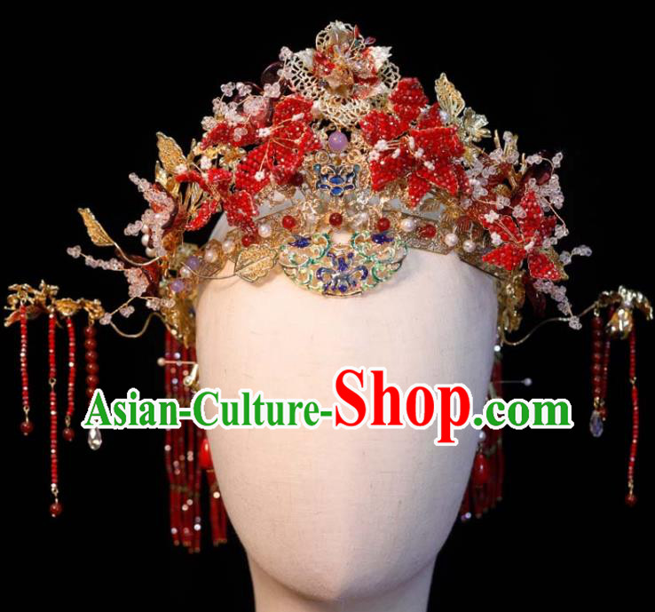 Chinese Ancient Bride Red Tassel Hair Crown and Hairpins Classical Phoenix Coronet XiuHe Headdress Handmade Wedding Hair Accessories