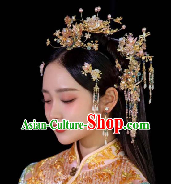 Chinese XiuHe Pearls Headpieces Handmade Wedding Hair Accessories Ancient Bride Hair Crown Classical Tassel Hairpins