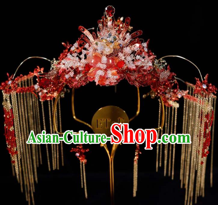 Chinese Ancient Bride Red Hair Crown Wedding Tassel Phoenix Coronet Classical Headpieces Handmade Hair Accessories