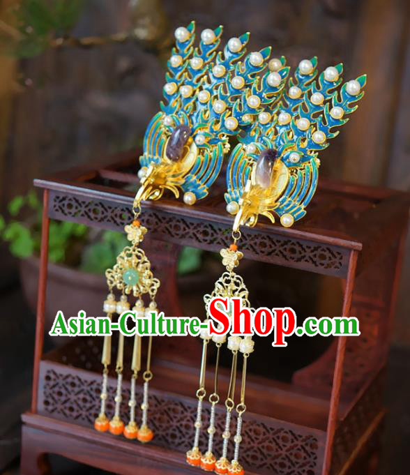 Chinese Classical Amethyst Hair Stick Handmade Qing Dynasty Queen Headpiece Wedding Hair Accessories Ancient Bride Enamel Phoenix Hairpin