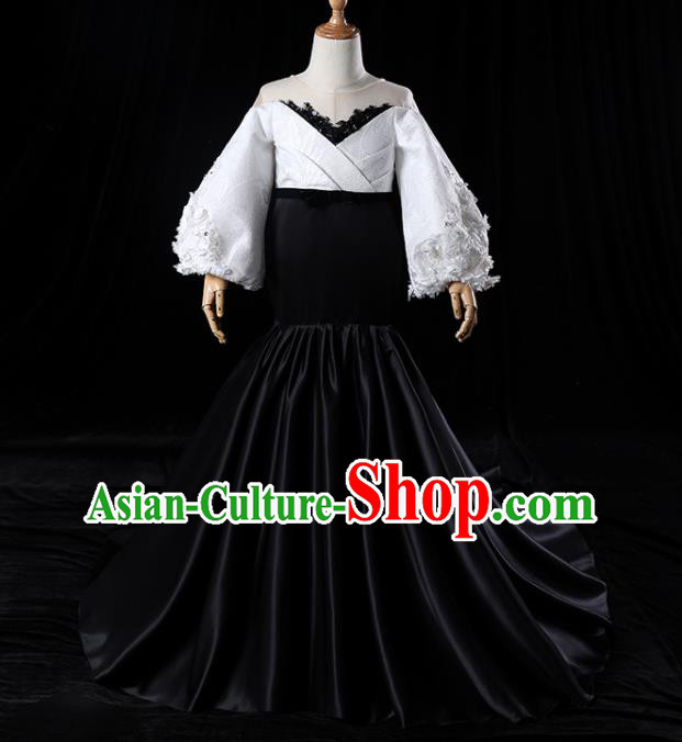 Top Catwalks Compere Black Trailing Evening Dress Girl Performance Fashion Garment Children Stage Show Formal Clothing