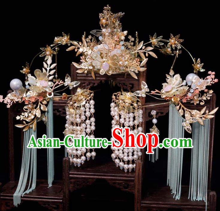 Chinese Handmade Wedding Hair Accessories Ancient Bride Hair Crown and Tassel Hairpins Classical Phoenix Coronet XiuHe Headpieces