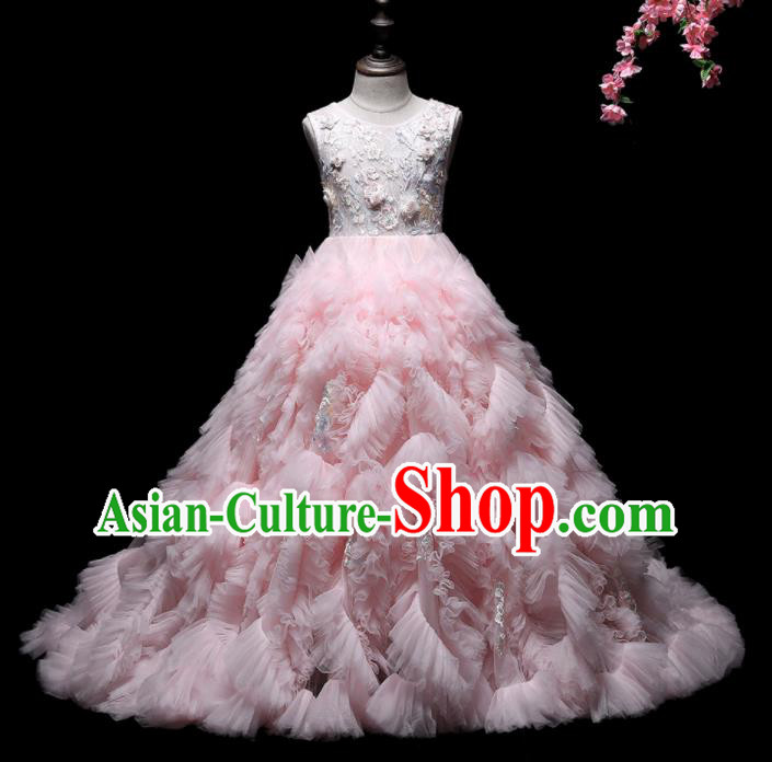 Top Children Stage Show Formal Clothing Catwalks Pink Veil Trailing Evening Dress Girl Princess Fashion Garment