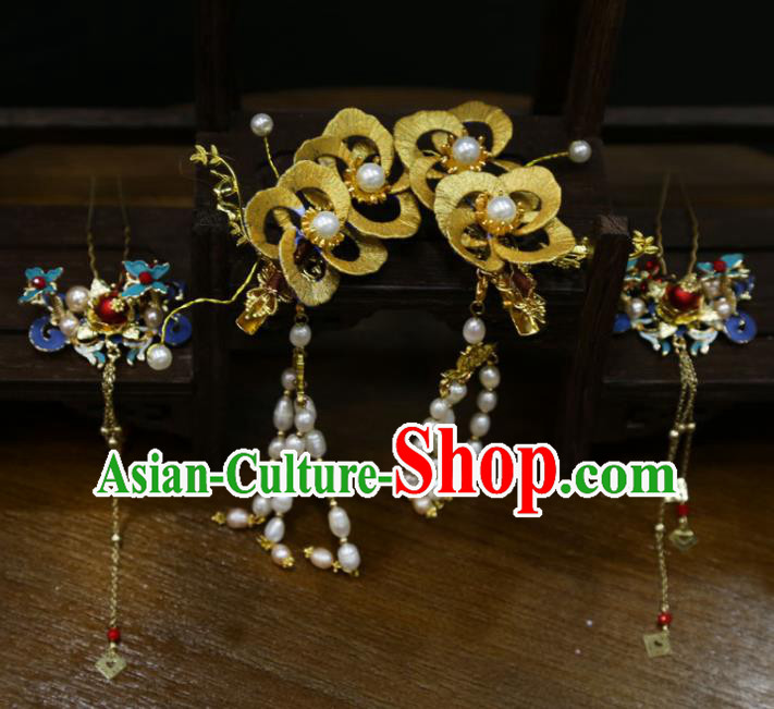 China Handmade Ming Dynasty Wedding Hair Accessories Traditional Hanfu Cloisonne Tassel Hairpin Ancient Bride Silk Flowers Hair Sticks