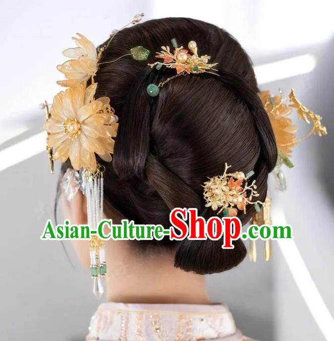 Chinese Handmade Wedding Headpieces XiuHe Suits Hair Accessories Ancient Bride Hair Comb Classical Tassel Lotus Hairpins