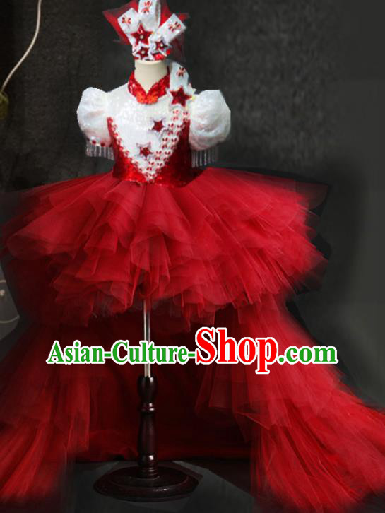 Top Catwalks Red Veil Trailing Dress Christmas Stage Show Fashion Children Day Performance Clothing Girl Chorus Garment