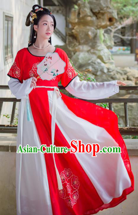 China Ancient Young Beauty Red Hanfu Dress Tang Dynasty Civilian Lady Garment Costumes Traditional Court Dance Historical Clothing
