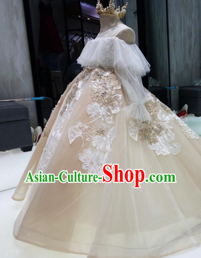 Top Children Stage Performance Beige Veil Bubble Full Dress Girl Catwalks Show Evening Clothing Baroque Princess Formal Garment