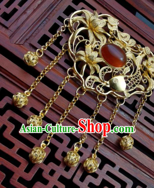 Chinese Ming Dynasty Golden Necklace Handmade Longevity Lock Classical Hanfu Tassel Necklet Pendant