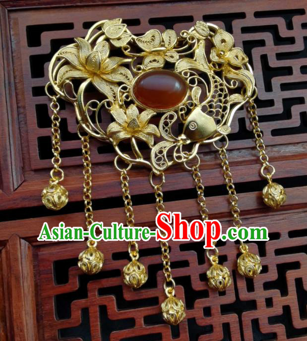 Chinese Ming Dynasty Golden Necklace Handmade Longevity Lock Classical Hanfu Tassel Necklet Pendant