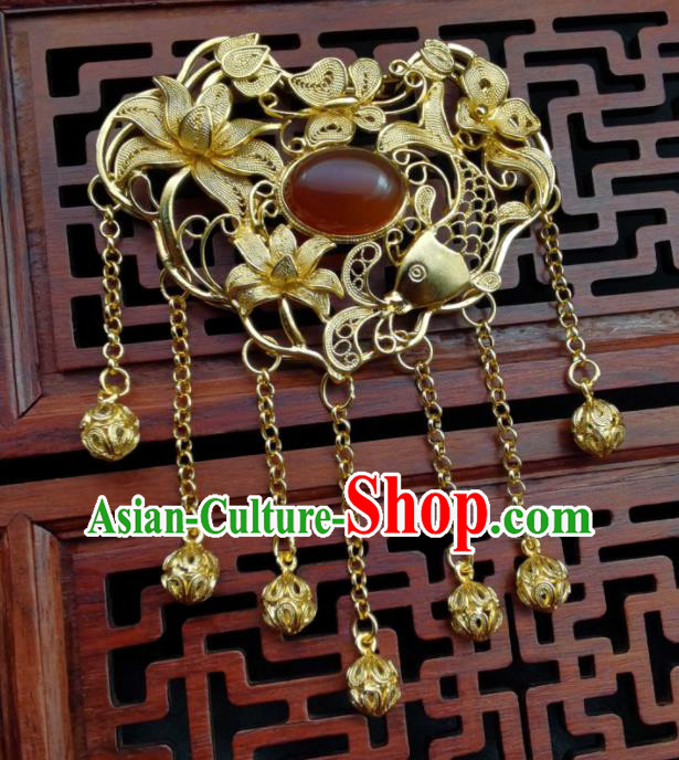 Chinese Ming Dynasty Golden Necklace Handmade Longevity Lock Classical Hanfu Tassel Necklet Pendant