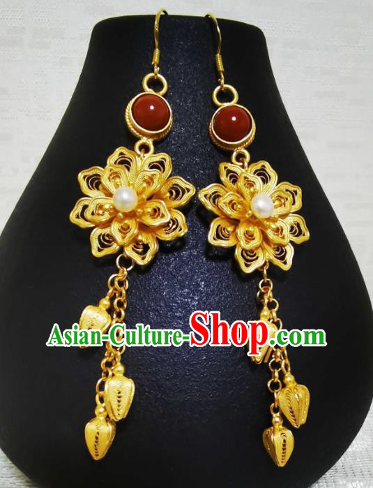 Handmade China Classical Gilding Peony Ear Accessories Cheongsam Agate Ear Jewelry Wedding Silver Earrings