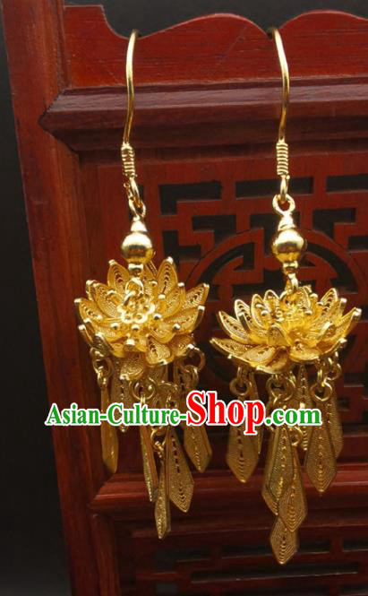 Handmade China Classical Gilding Ear Accessories Ming Dynasty Silver Ear Jewelry Wedding Golden Lotus Earrings