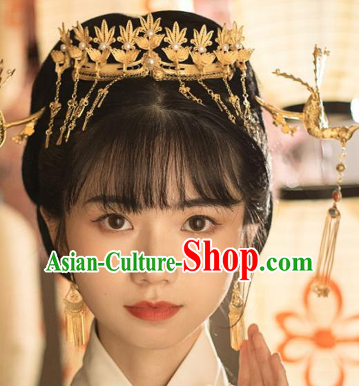 Chinese Classical Gilding Hair Crown Handmade Ming Dynasty Headdress Traditional Wedding Hair Accessories Ancient Empress Pearls Phoenix Coronet