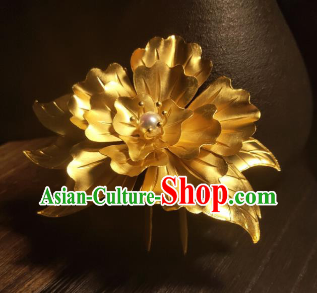 Chinese Traditional Wedding Hair Accessories Ancient Princess Gilding Peony Hairpin Classical Hair Crown Handmade Tang Dynasty Headpiece