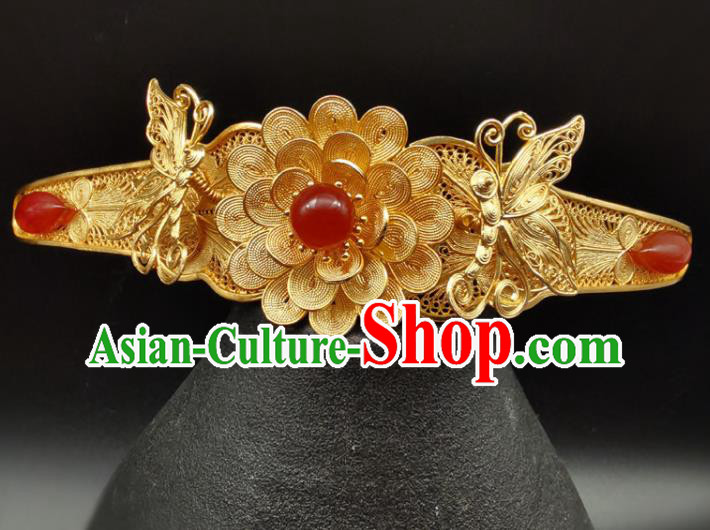 Chinese Ancient Princess Gilding Peony Hairpin Classical Hair Crown Handmade Ming Dynasty Headpiece Traditional Wedding Hair Accessories