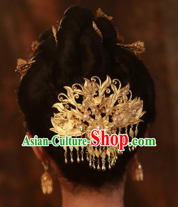 Chinese Traditional Wedding Hair Accessories Ancient Princess Gilding Hairpin Classical Tassel Hair Crown Handmade Tang Dynasty Headpiece