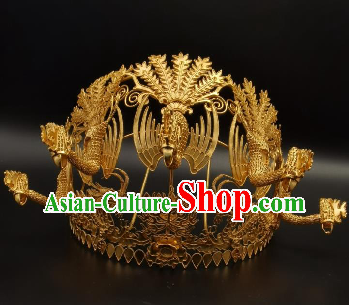 Chinese Handmade Ming Dynasty Headdress Traditional Wedding Hair Accessories Ancient Empress Golden Phoenix Coronet Classical Hair Crown