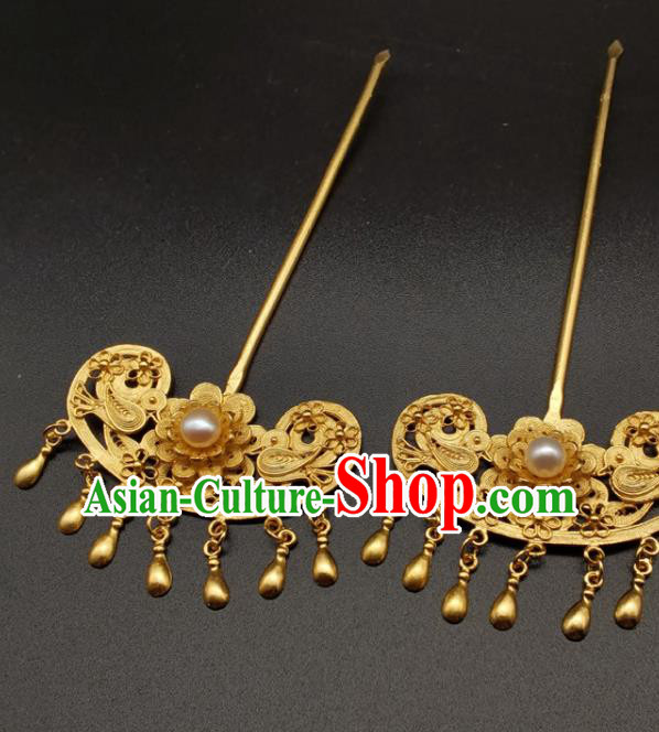 Chinese Handmade Ming Dynasty Headpiece Traditional Wedding Hair Accessories Ancient Princess Gilding Hairpin Classical Tassel Hair Stick