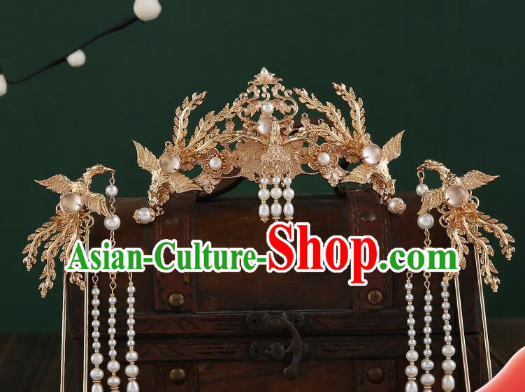 Chinese Classical Wedding Golden Phoenix Hair Crown Handmade Ming Dynasty Headpieces Traditional Hanfu Hair Accessories Ancient Empress Tassel Hairpins
