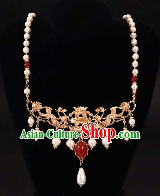 Chinese Handmade Wedding Golden Necklace Pendant Classical Jewelry Accessories Ming Dynasty Princess Necklet
