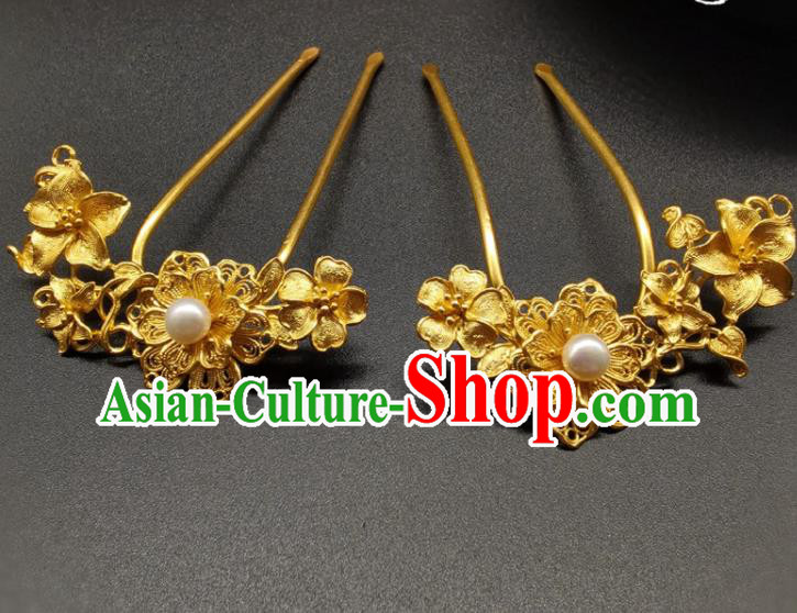 Chinese Handmade Ming Dynasty Headpiece Traditional Hanfu Hair Accessories Ancient Princess Gilding Hairpin Classical Wedding Pearl Hair Comb