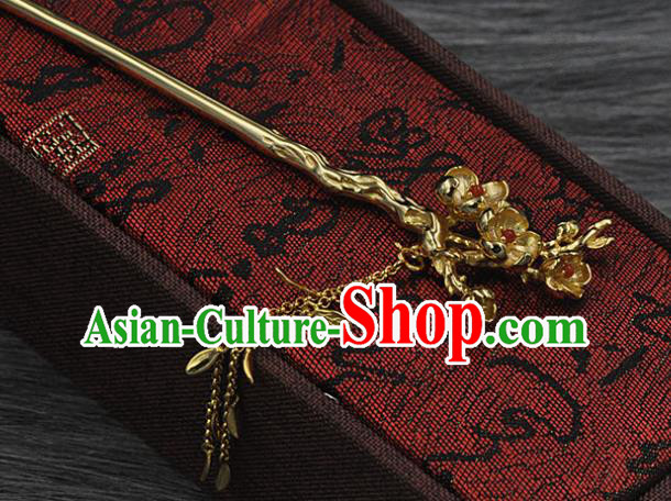 Chinese Handmade Silver Plum Hairpin Classical Golden Tassel Hair Stick Cheongsam Headpiece Traditional Hair Accessories