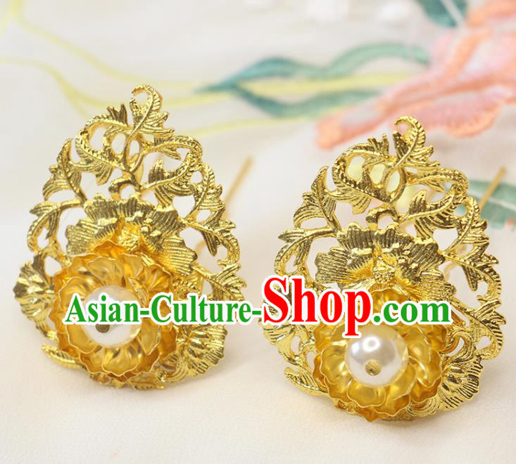Chinese Ancient Princess Hairpin Classical Wedding Golden Peony Hair Stick Handmade Ming Dynasty Headpiece Traditional Court Hair Accessories