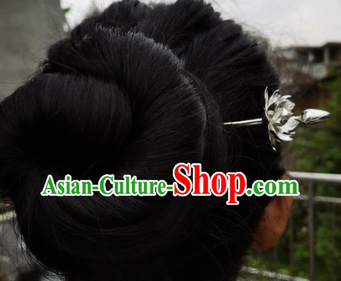 Chinese Cheongsam Headpiece Traditional Hair Accessories Handmade Silver Tassel Hairpin Classical Carving Lotus Hair Stick