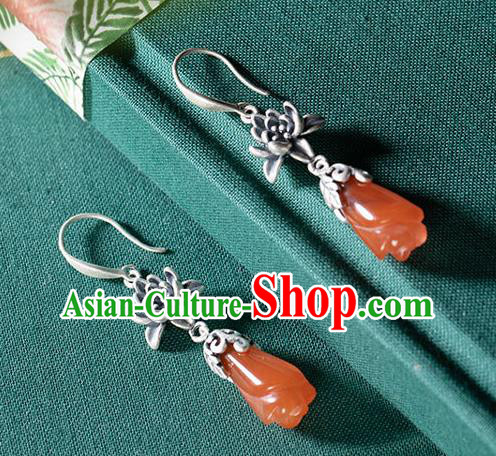 Handmade China Cheongsam Ear Jewelry Wedding Agate Mangnolia Earrings Classical Silver Ear Accessories