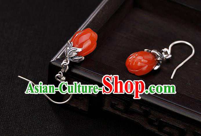 Handmade China Classical Silver Ear Accessories Cheongsam Ear Jewelry Wedding Agate Mangnolia Earrings