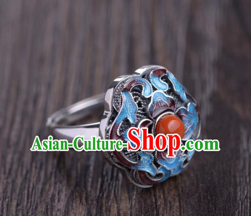 Chinese Handmade Cloisonne Ring Classical Silver Jewelry Accessories Cheongsam Agate Finger Circlet