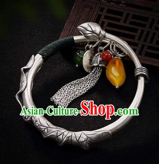 Chinese Cheongsam Wristlet Accessories Handmade Carving Lotus Bracelet Classical Silver Bangle Jewelry
