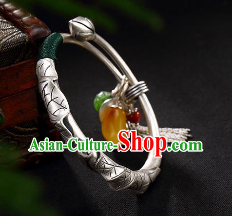 Chinese Cheongsam Wristlet Accessories Handmade Carving Lotus Bracelet Classical Silver Bangle Jewelry