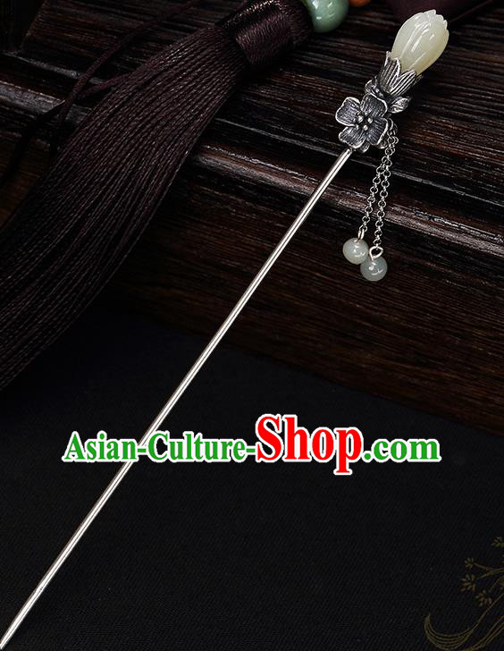Chinese Traditional Hair Jewelry Classical Jade Mangnolia Hair Stick Cheongsam Accessories Headpiece Handmade Silver Tassel Hairpin