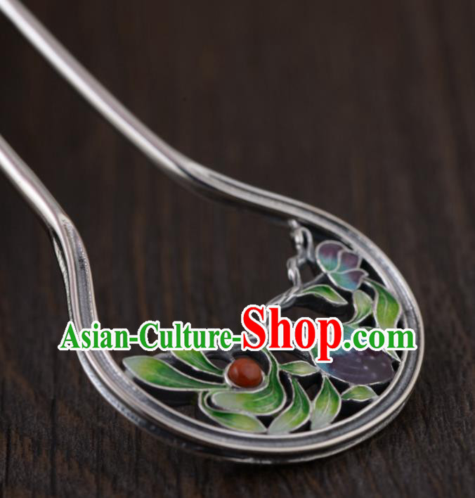 Chinese Traditional Hair Jewelry Classical Silver Hair Stick Cheongsam Accessories Headpiece Handmade Enamel Orchids Hairpin