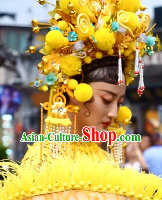 Custom China Opera Deluxe Phoenix Coronet Catwalks Headdress Wedding Hair Accessories Stage Show Yellow Hair Crown