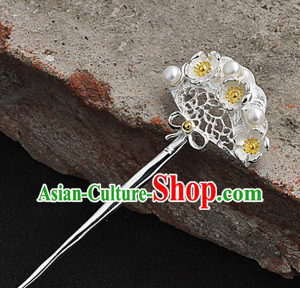 Chinese Traditional Hair Jewelry Classical Pearls Hair Stick Cheongsam Headpiece Handmade Silver Plum Hairpin