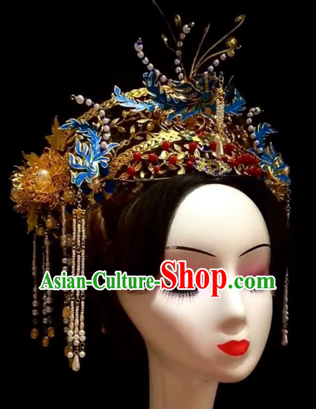 Top China Wedding Headdress Stage Show Cloisonne Hair Crown Ancient Imperial Concubine Deluxe Phoenix Coronet Catwalks Hair Accessories