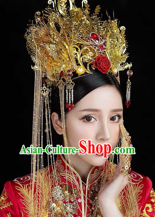 China Stage Show Giant Golden Hair Crown Ancient Queen Deluxe Phoenix Coronet Catwalks Hair Accessories Wedding Headdress