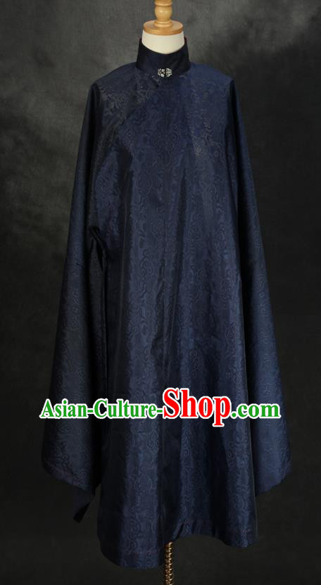 China Traditional Hanfu Navy Silk Long Gown Noble Woman Historical Clothing Ancient Ming Dynasty Royal Countess Garment Costume